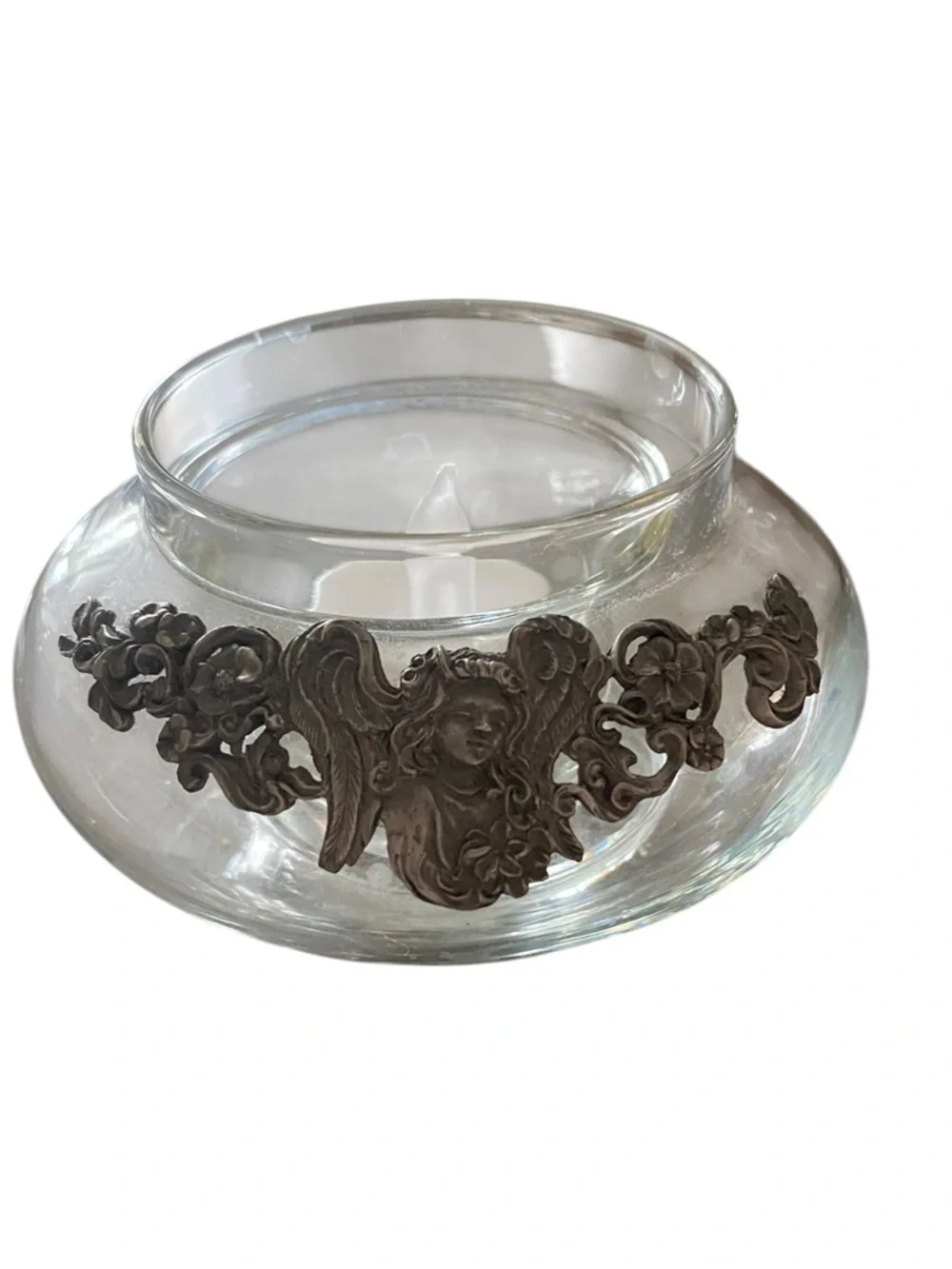vintage 90s  Pewter Angel  Decorative potpourri Glass Trinket Bowl candle holder